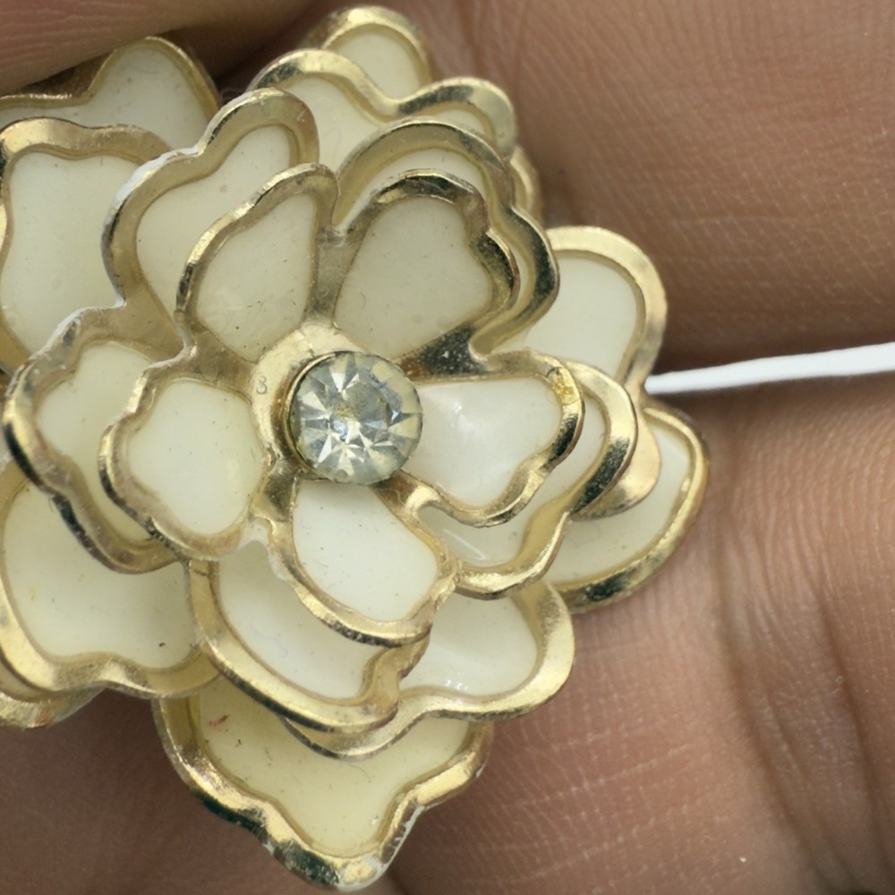 Vintage Coro Flower Peddle Earrings 1950s Signed Cream Gold Enamel Layered